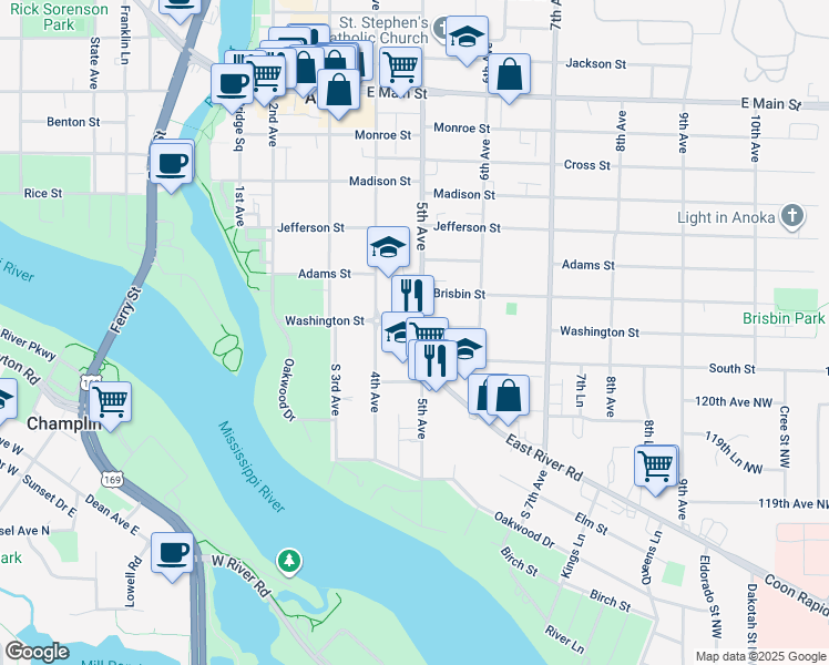 map of restaurants, bars, coffee shops, grocery stores, and more near 1523 5th Avenue in Anoka