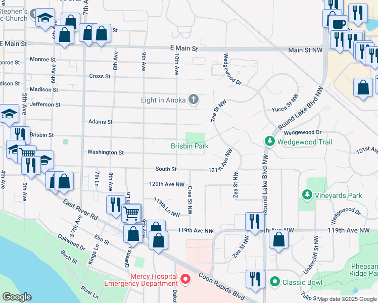 map of restaurants, bars, coffee shops, grocery stores, and more near 1015 Washington Street in Anoka