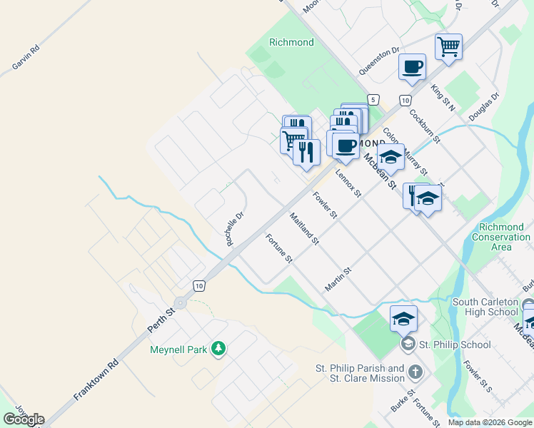 map of restaurants, bars, coffee shops, grocery stores, and more near 6237 Perth Street in Ottawa