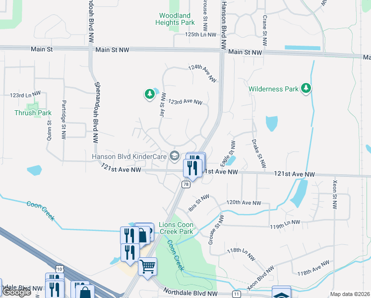 map of restaurants, bars, coffee shops, grocery stores, and more near 1700 121st Lane Northwest in Minneapolis
