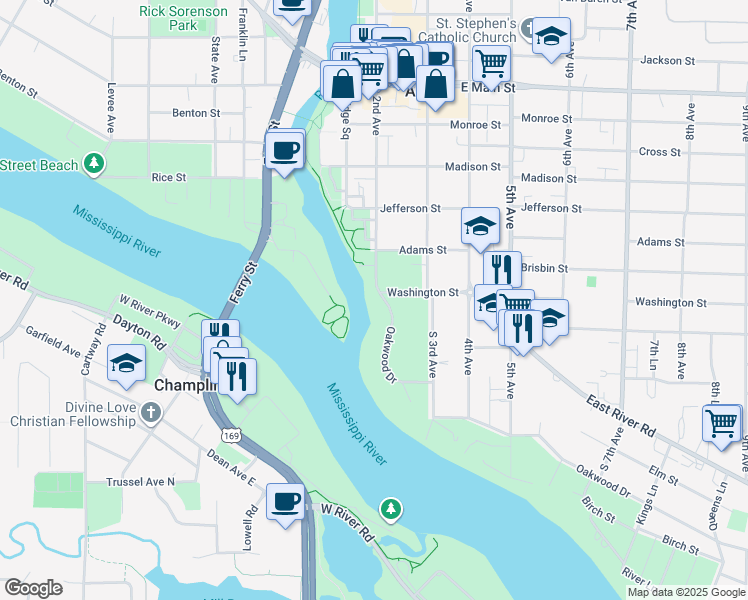 map of restaurants, bars, coffee shops, grocery stores, and more near 1515 2nd Avenue in Anoka
