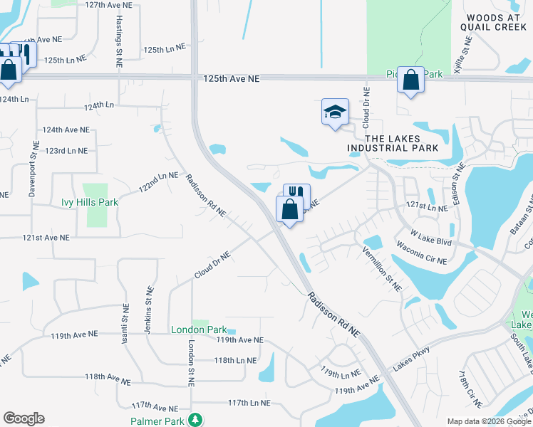 map of restaurants, bars, coffee shops, grocery stores, and more near 12116 Radisson Rd NE in Blaine