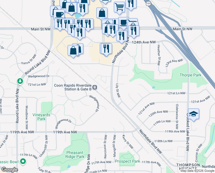 map of restaurants, bars, coffee shops, grocery stores, and more near 3120 Northdale Boulevard Northwest in Coon Rapids