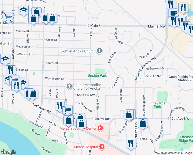map of restaurants, bars, coffee shops, grocery stores, and more near 1035 Washington Street in Anoka