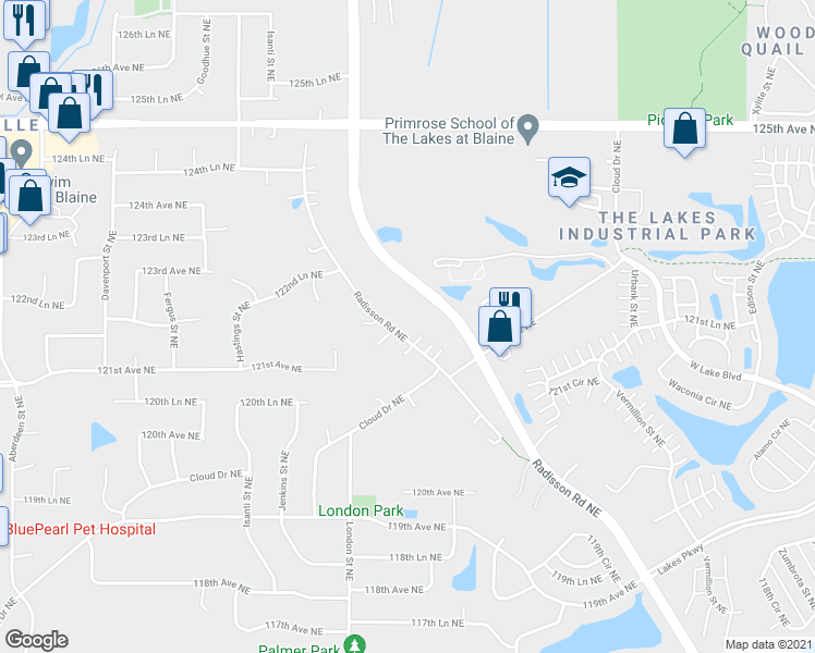 map of restaurants, bars, coffee shops, grocery stores, and more near 12157 Radisson Road Northeast in Blaine