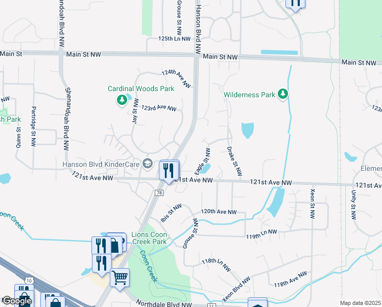 map of restaurants, bars, coffee shops, grocery stores, and more near 12191 Grouse Street Northwest in Coon Rapids