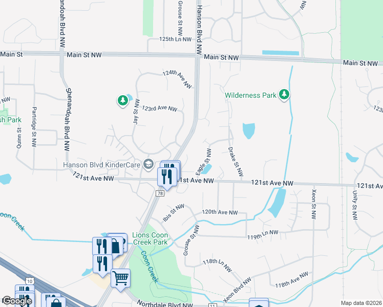 map of restaurants, bars, coffee shops, grocery stores, and more near 12191 Grouse Street Northwest in Minneapolis
