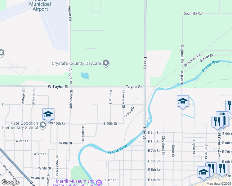map of restaurants, bars, coffee shops, grocery stores, and more near in Merrill