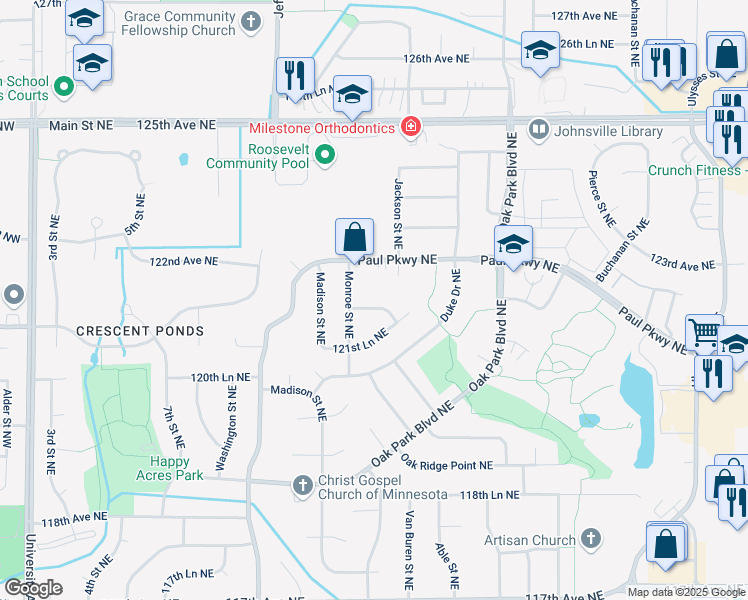 map of restaurants, bars, coffee shops, grocery stores, and more near 12211 Monroe Street Northeast in Blaine