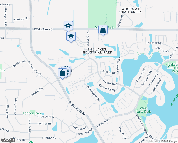 map of restaurants, bars, coffee shops, grocery stores, and more near 12240 Urbank Street Northeast in Blaine