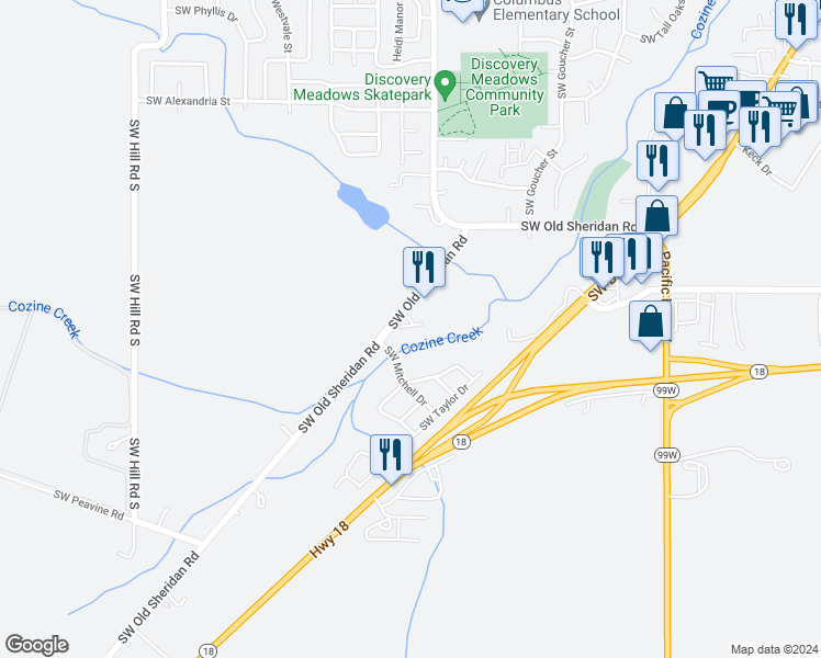 map of restaurants, bars, coffee shops, grocery stores, and more near 1721 Southwest Old Sheridan Road in McMinnville