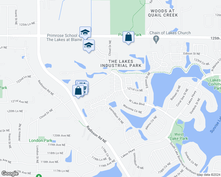 map of restaurants, bars, coffee shops, grocery stores, and more near 12240 Urbank Street Northeast in Blaine