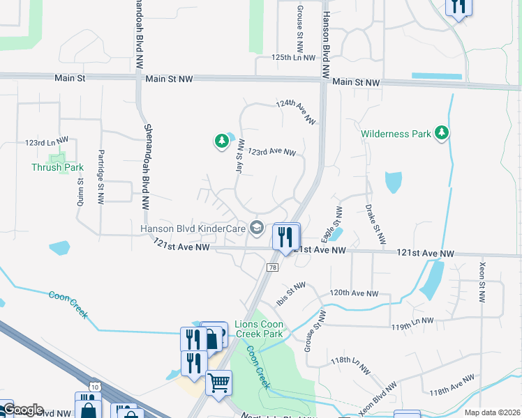 map of restaurants, bars, coffee shops, grocery stores, and more near 12221 Jay Circle Northwest in Minneapolis