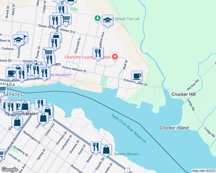 map of restaurants, bars, coffee shops, grocery stores, and more near Waterfront Trail in Saint Stephen