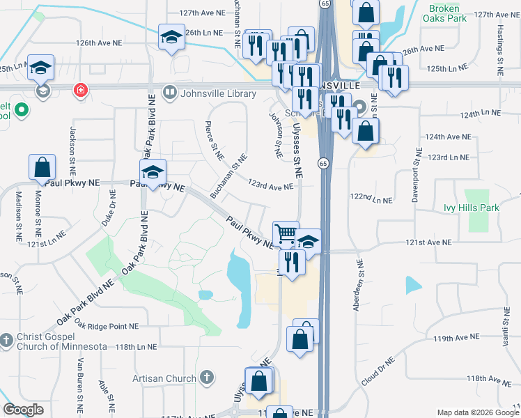 map of restaurants, bars, coffee shops, grocery stores, and more near 1249 122nd Lane Northeast in Blaine