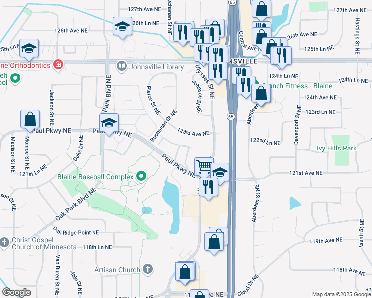 map of restaurants, bars, coffee shops, grocery stores, and more near 1249 122nd Lane Northeast in Blaine