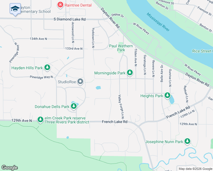 map of restaurants, bars, coffee shops, grocery stores, and more near 13073 Valley Forge Lane North in Champlin