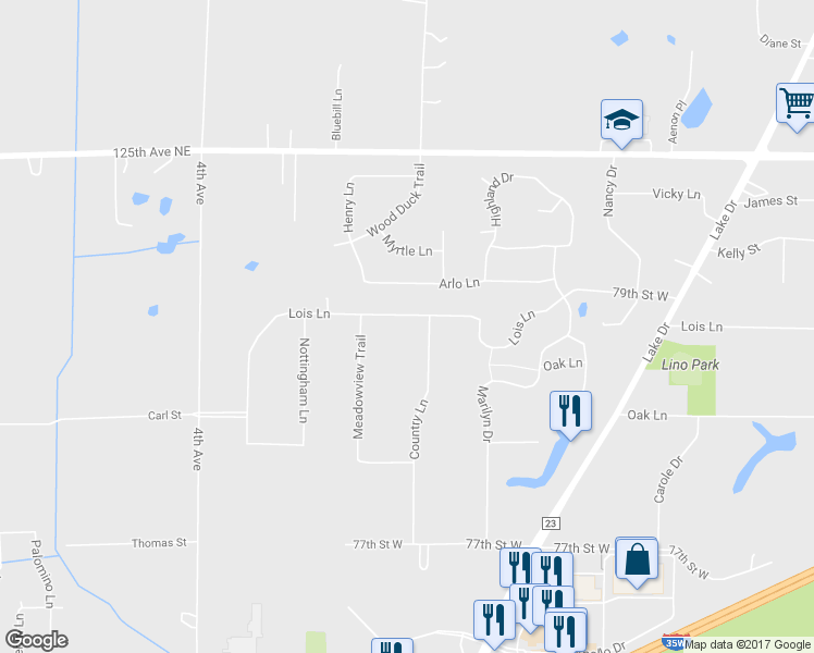 map of restaurants, bars, coffee shops, grocery stores, and more near 564 Lois Lane in Lino Lakes