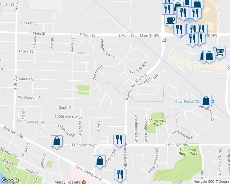 map of restaurants, bars, coffee shops, grocery stores, and more near 3870 121st Circle Northwest in Coon Rapids