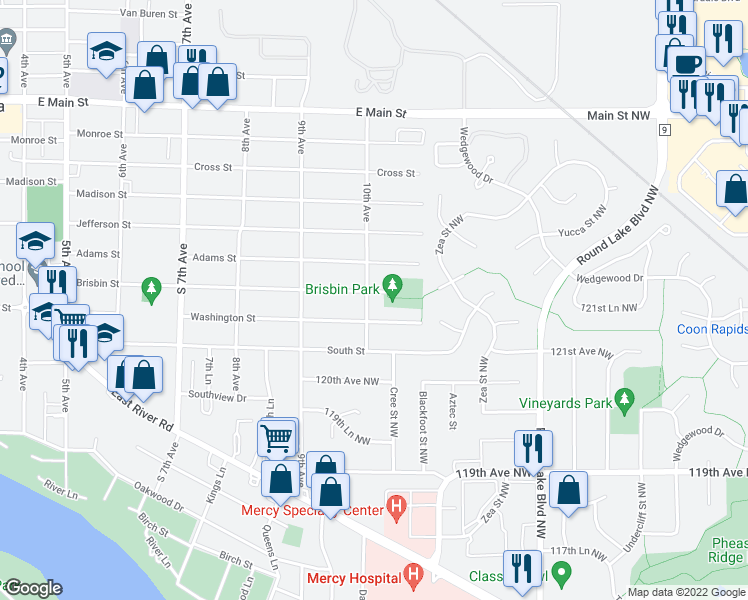 map of restaurants, bars, coffee shops, grocery stores, and more near 1520 10th Avenue in Anoka