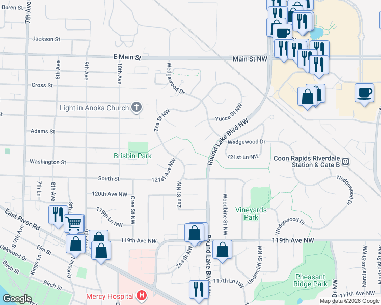 map of restaurants, bars, coffee shops, grocery stores, and more near 3870 121st Circle Northwest in Coon Rapids