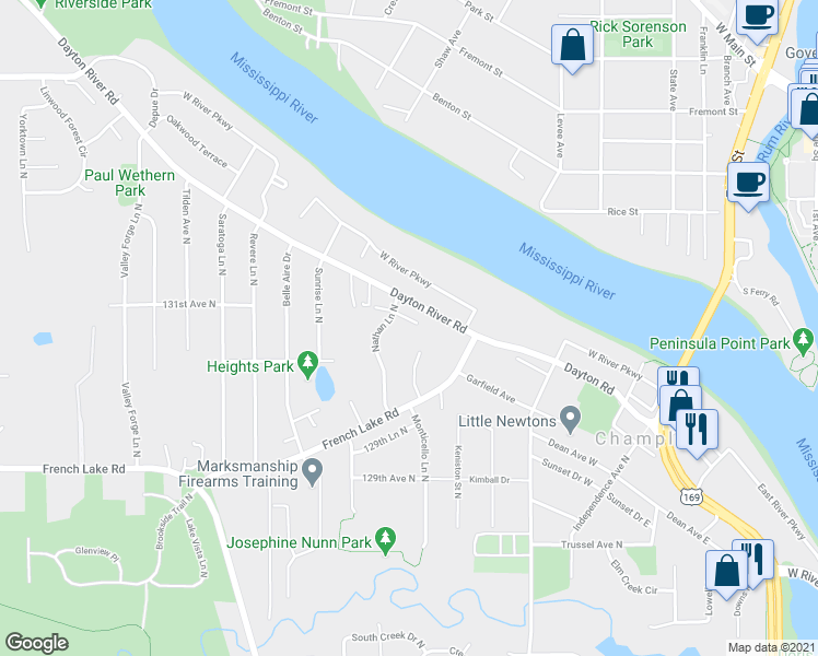 map of restaurants, bars, coffee shops, grocery stores, and more near 558 131st Avenue North in Champlin