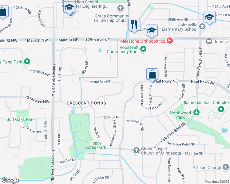 map of restaurants, bars, coffee shops, grocery stores, and more near 425 121st Avenue Northeast in Blaine