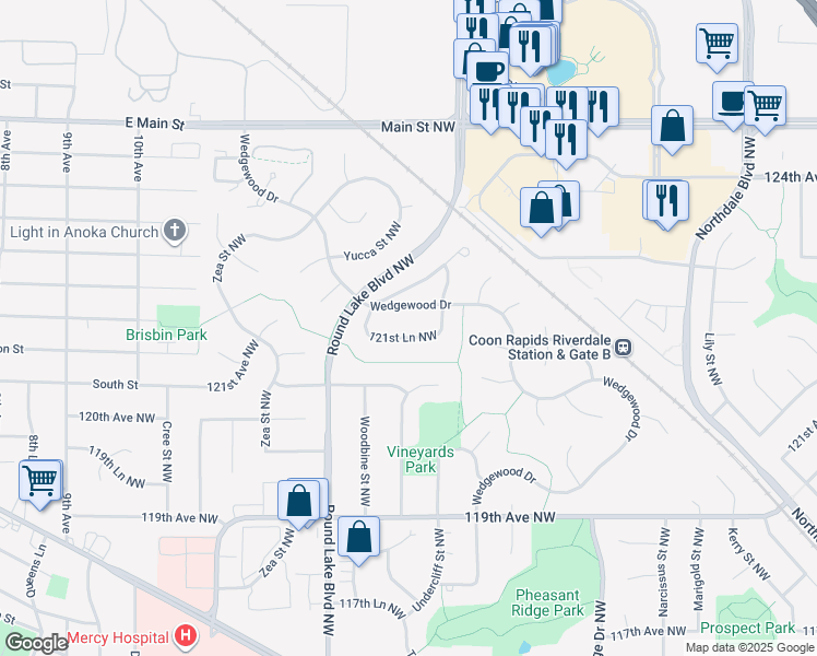 map of restaurants, bars, coffee shops, grocery stores, and more near 3681 121st Lane Northwest in Coon Rapids