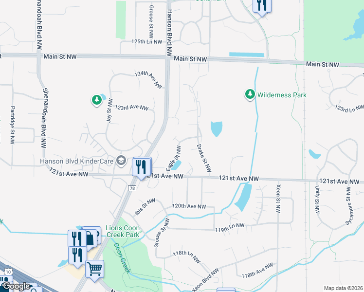 map of restaurants, bars, coffee shops, grocery stores, and more near 12170 Eagle Street Northwest in Minneapolis