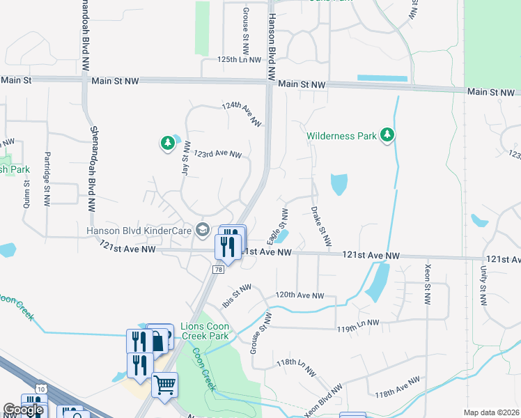 map of restaurants, bars, coffee shops, grocery stores, and more near 12191 Grouse Street Northwest in Minneapolis