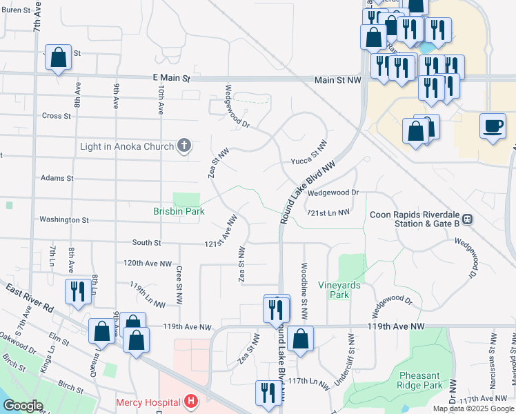 map of restaurants, bars, coffee shops, grocery stores, and more near 3870 121st Circle Northwest in Coon Rapids