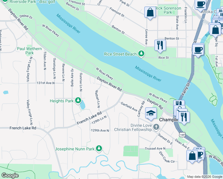 map of restaurants, bars, coffee shops, grocery stores, and more near 558 131st Avenue North in Champlin