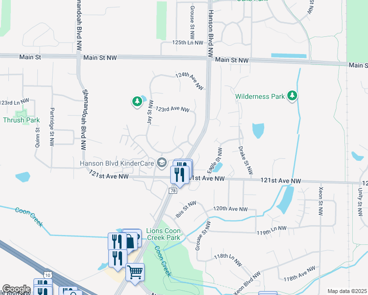 map of restaurants, bars, coffee shops, grocery stores, and more near 1700 121st Lane Northwest in Minneapolis