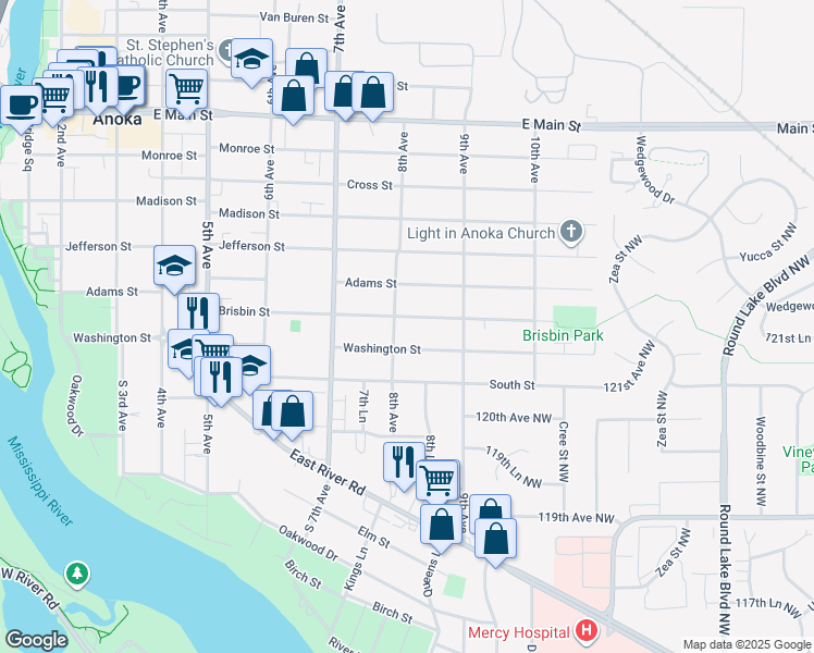 map of restaurants, bars, coffee shops, grocery stores, and more near 752 Brisbin Street in Anoka