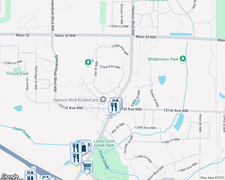 map of restaurants, bars, coffee shops, grocery stores, and more near 1700 121st Lane Northwest in Minneapolis