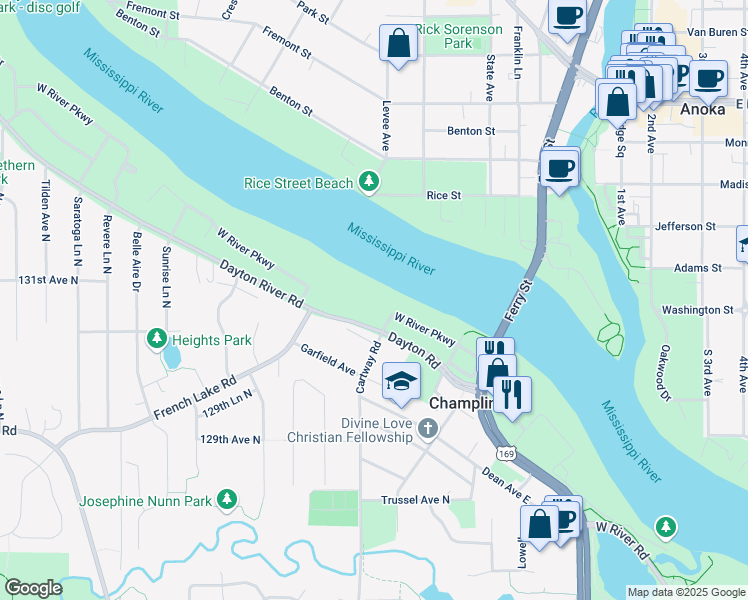 map of restaurants, bars, coffee shops, grocery stores, and more near 411 Dayton Road in Champlin