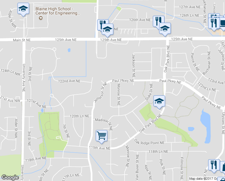 map of restaurants, bars, coffee shops, grocery stores, and more near 12209 Madison Street Northeast in Blaine