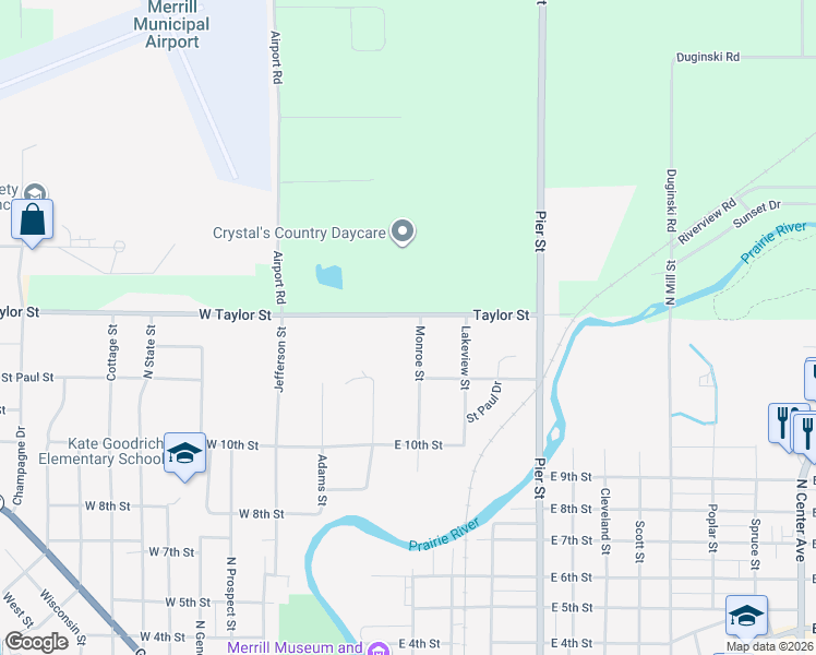 map of restaurants, bars, coffee shops, grocery stores, and more near 1406 Monroe Street in Merrill