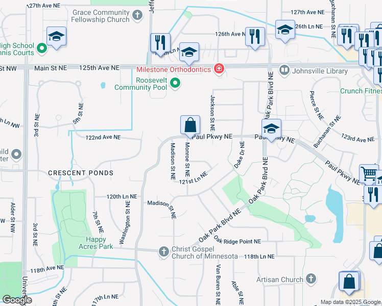 map of restaurants, bars, coffee shops, grocery stores, and more near 12211 Monroe Street Northeast in Blaine