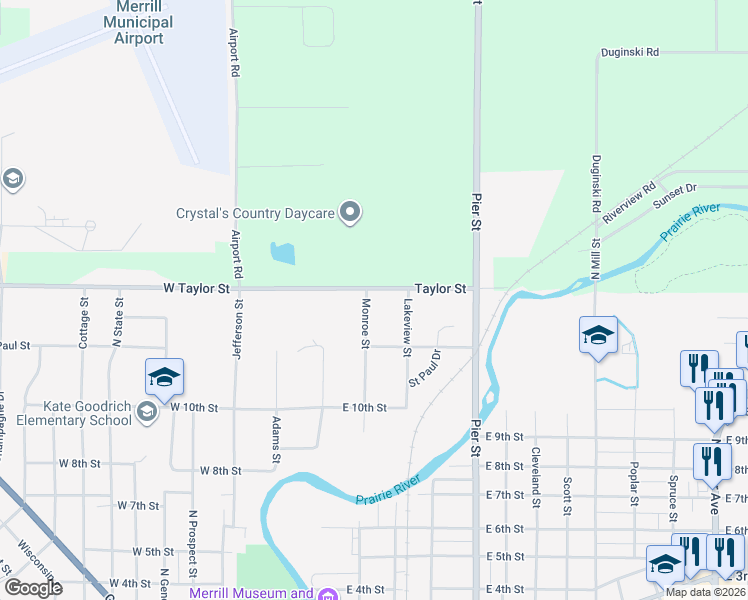 map of restaurants, bars, coffee shops, grocery stores, and more near 1406 Monroe Street in Merrill