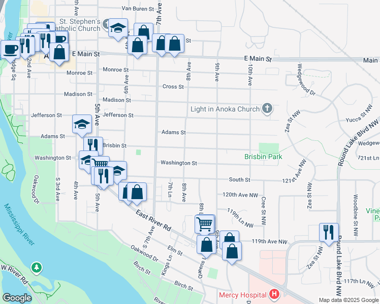 map of restaurants, bars, coffee shops, grocery stores, and more near 752 Brisbin Street in Anoka
