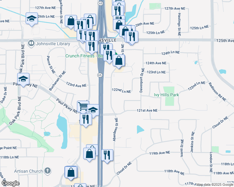 map of restaurants, bars, coffee shops, grocery stores, and more near 12203 Aberdeen Street Northeast in Minneapolis
