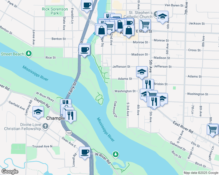 map of restaurants, bars, coffee shops, grocery stores, and more near 1515 2nd Avenue in Anoka