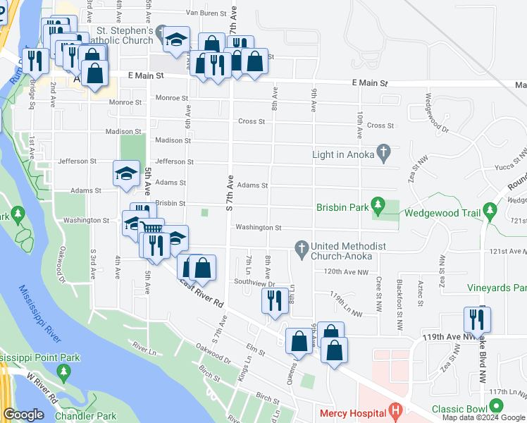 map of restaurants, bars, coffee shops, grocery stores, and more near 752 Brisbin Street in Anoka