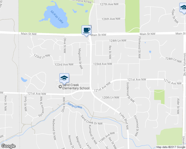 map of restaurants, bars, coffee shops, grocery stores, and more near 12231 Foley Boulevard in Minneapolis