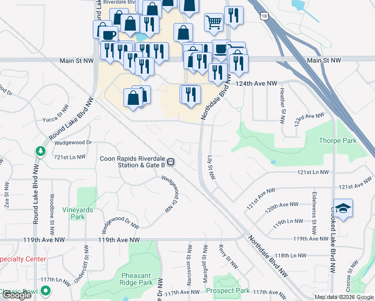 map of restaurants, bars, coffee shops, grocery stores, and more near 3120 Northdale Boulevard Northwest in Coon Rapids