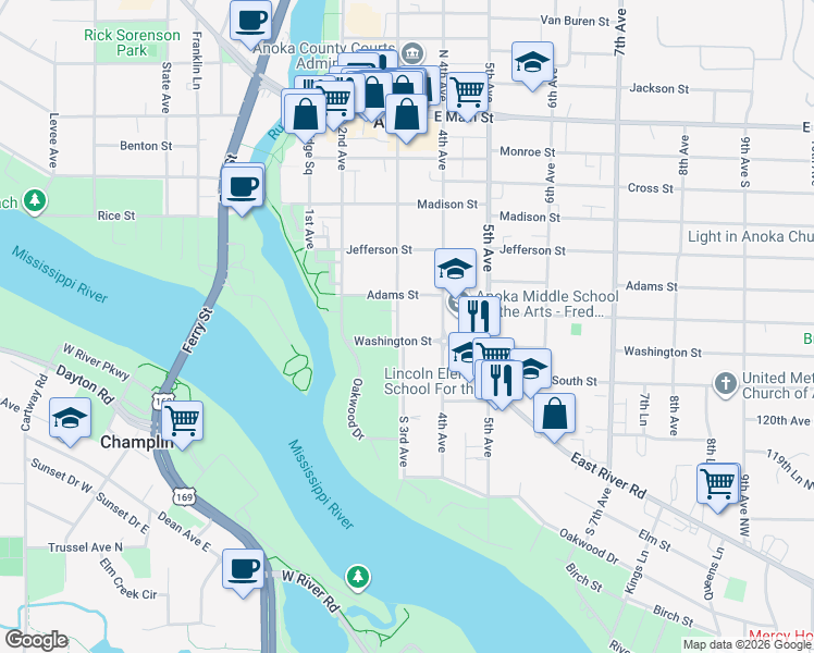 map of restaurants, bars, coffee shops, grocery stores, and more near 1512 3rd Avenue in Anoka