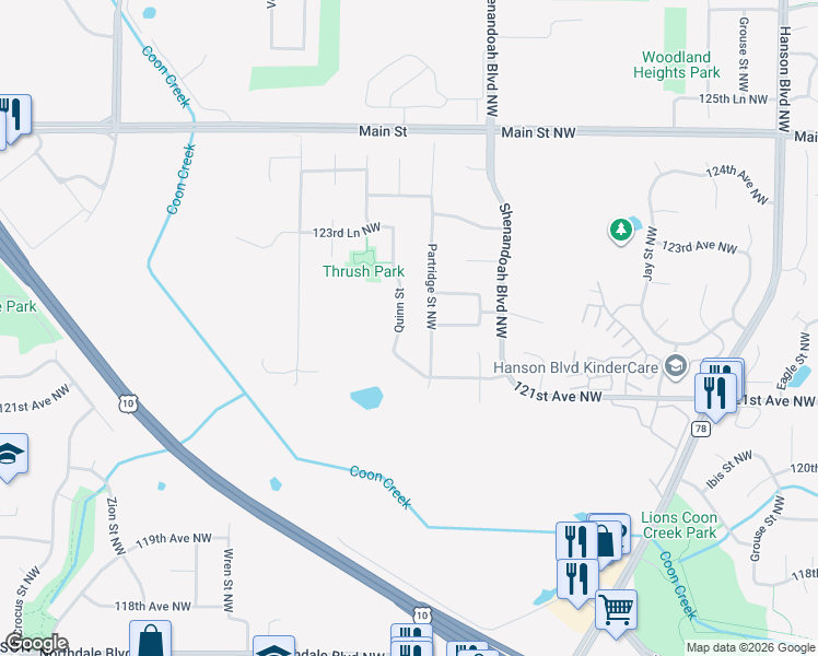map of restaurants, bars, coffee shops, grocery stores, and more near 12191 Quinn Street Northwest in Minneapolis