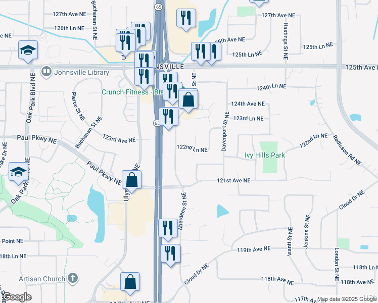 map of restaurants, bars, coffee shops, grocery stores, and more near 12203 Aberdeen Street Northeast in Blaine