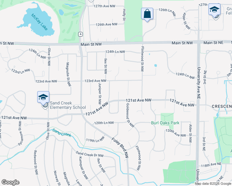 map of restaurants, bars, coffee shops, grocery stores, and more near 12140 Holly Street Northwest in Minneapolis